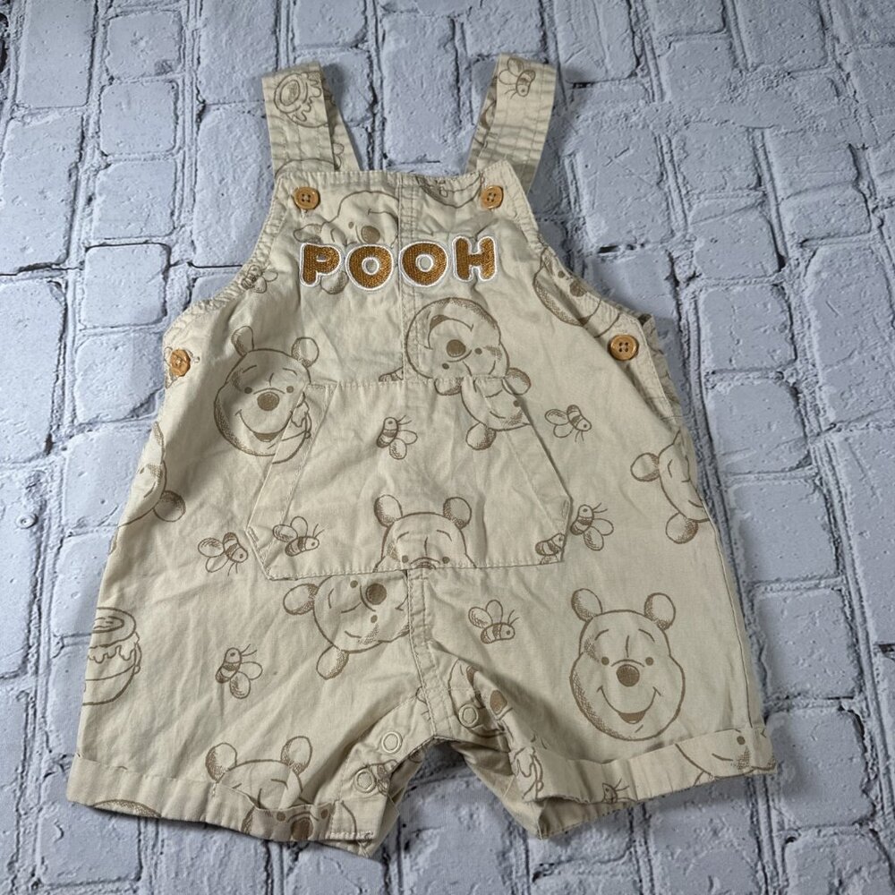 Disney Baby Winnie The Pooh Khaki Overalls Embroidered Size 3/6 Months Cotton